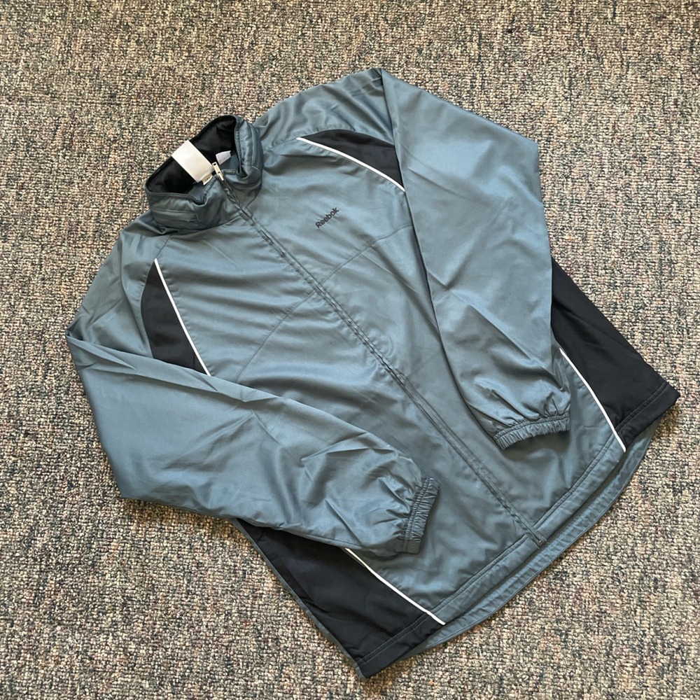 Reebok Mens Track Jacket XL Slate‎ Blue Black Full Zip Mesh Lined Windbreaker